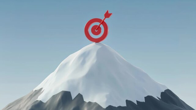 Reaching the Peak: A red target is precisely placed at the summit of a snow-capped mountain, symbolizing the pinnacle of success and the achievement of ambitious goals.