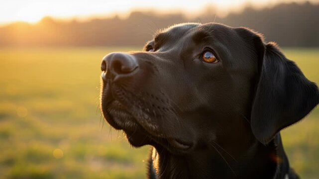 Loyal Companion's Gaze: A close-up shot of a majestic black Labrador Retriever gazing intently into the distance, his dark fur gleaming in the warm light of the setting sun.