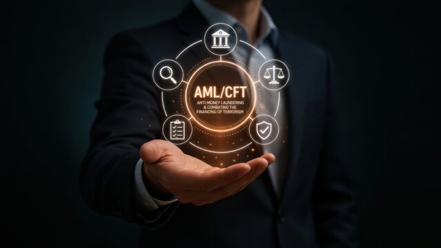 AML and CFT Compliance Framework with Regulatory, Risk Monitoring, and Financial Security Icons