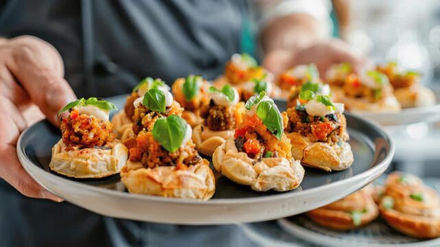 Gourmet Bites Presentation: A close-up shot presents a selection of meticulously crafted, gourmet bites on a plate, freshly prepared with vibrant colors, textures, and tastes.