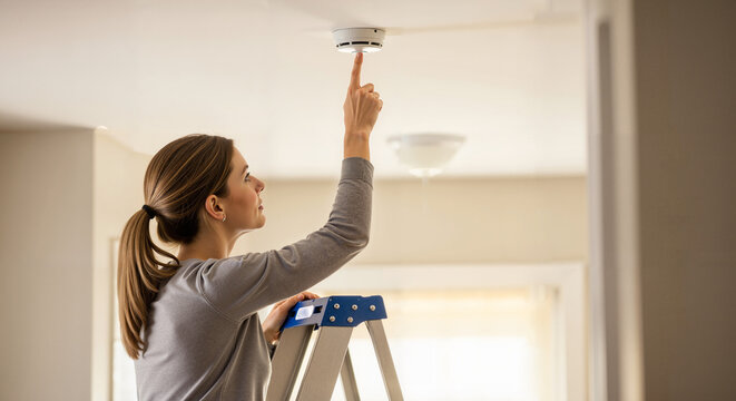 Woman standing on a ladder testing a smoke detector on the ceiling. Female homeowner pressing the button on a fire alarm for home safety and maintenance. Routine household fire prevention concept