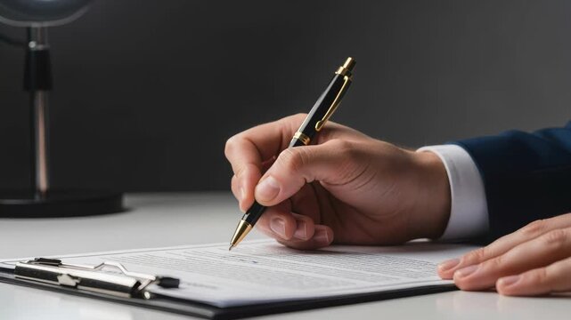 The Act of Signature: A close-up view capturing the precise moment a hand delicately pens a signature onto a formal document, symbolizing commitment and agreement.