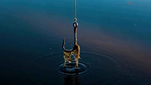 Hook in Water: A solitary fishing hook suspended above a serene water surface, its tip just touching the water, creating delicate ripples, evokes a sense of anticipation and the allure of the unknown.