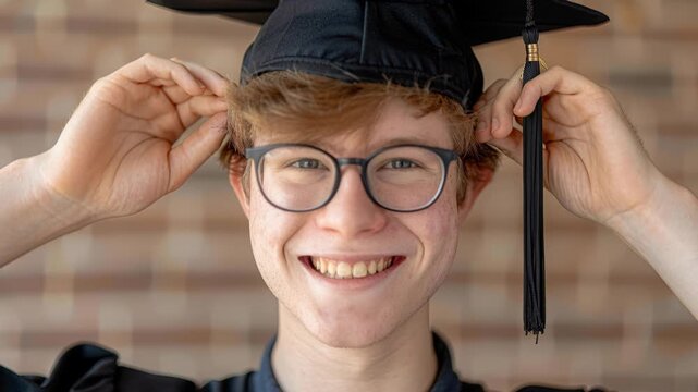 Graduation day smile: A young student radiates joy, adjusting his graduation cap with a cheerful smile, embodying the excitement and accomplishment of a new chapter.
