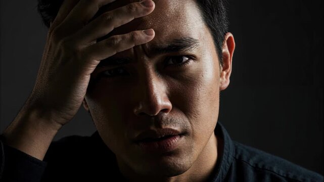 Intense Contemplation: Portrait of a person in deep thought, hand on forehead, expressing a moment of inner struggle, captured with dramatic lighting.