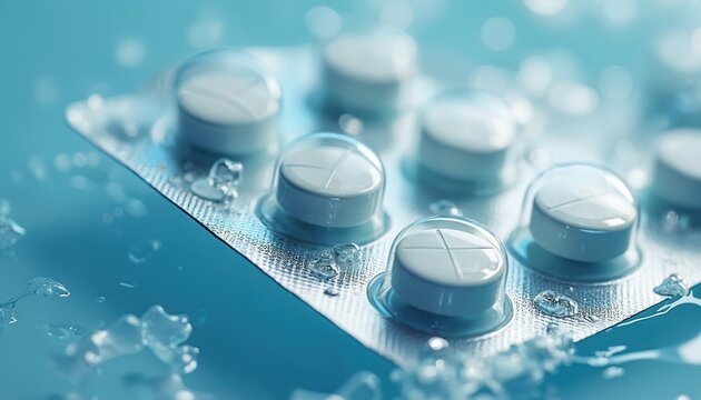Close-up of white effervescent tablets in clear blister pack. Water droplets surround sealed medicine pills. Pharmaceutical packaging contains round white capsules for health.