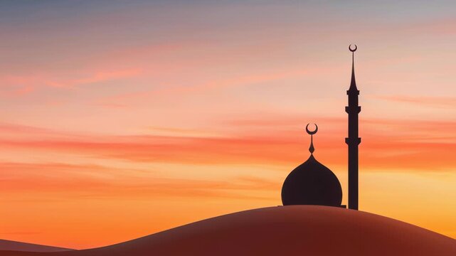 Islamic Sunset Silhouette: A serene silhouette of a mosque, complete with its iconic dome and minaret, is set against a vibrant sunset sky, creating a scene of peace and spiritual reflection.