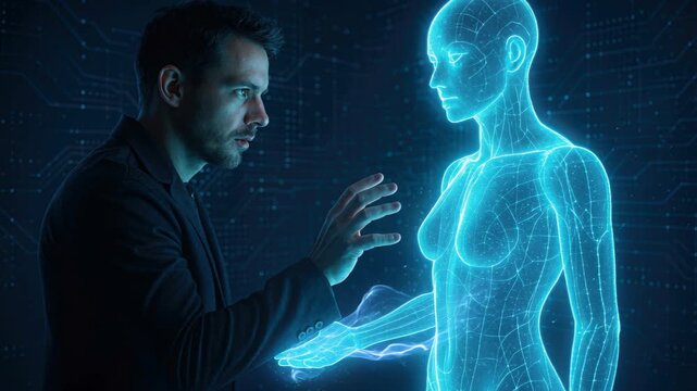 Digital Encounter: A man is engrossed in an interaction with a digitized human form, a stunning exploration of technology and human connection.