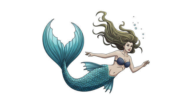 A beautiful mermaid swimming in the ocean with a vibrant turquoise tail and flowing brown hair.