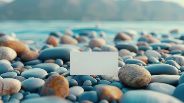 Blank Card on Pebble Beach: A close-up shot captures the simplicity of a blank card resting on a vibrant bed of smooth pebbles, framed by the calm sea and sky, symbolizing potential and opportunity.