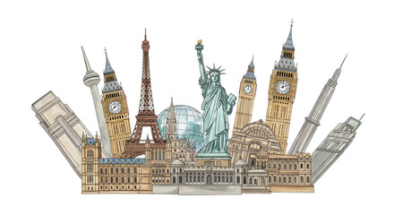 Obraz premium Collage of iconic world landmarks illustration.