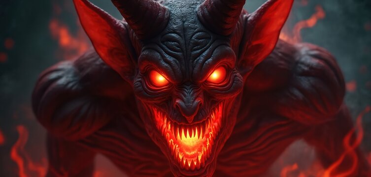 Scary red demon creature with glowing eyes and sharp teeth, a horned devil smirks with hellish fire in dark abyss. Evil monster appears, menacing stare, demonic grin.