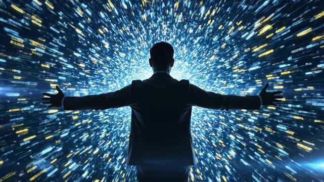 Silhouette of a man with outstretched arms in a digital space