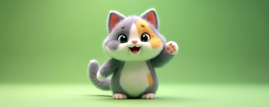 Cute cartoon cat toy waves hello. Small fluffy kitty with big eyes stands on light green surface. Adorable plush animal poses friendly for greeting.