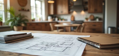 Fototapeta premium Architectural plans and notebook on wooden table in rustic kitchen. Home renovation and design planning. Detailed blueprints for construction or remodel project.