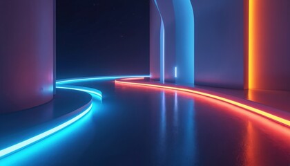 Fototapeta premium Futuristic abstract pathway glows with vibrant neon blue, red lights. Clean lines, curves create modern, digital art style. Sci-fi environment suggests progress, innovation. Ideal for tech