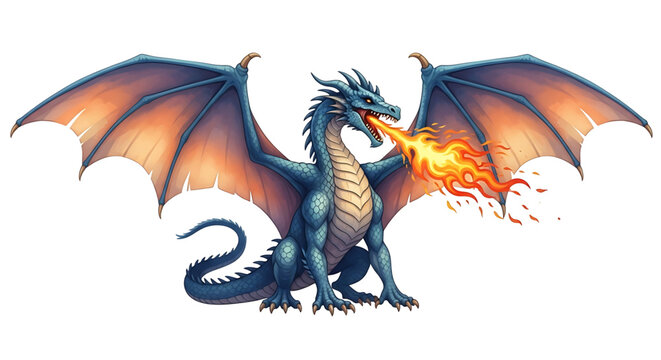 A vibrant dragon illustration breathing fire with its wings spread wide in a dynamic pose.