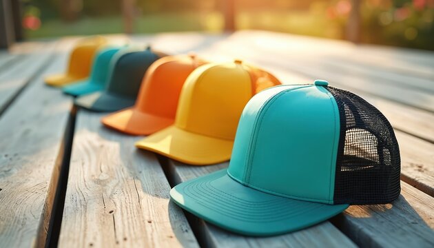 Row of colorful trucker hats lie on weathered wood deck. Bright sunny day light shines on summer headwear collection. Casual fashion accessories arranged for outdoor activity.