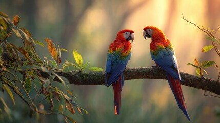 Fototapeta premium Scarlet macaws perched on branch in forest sunrise
