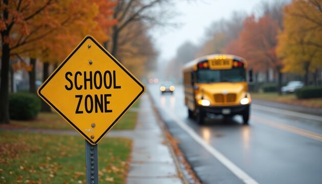 Yellow school zone sign roadside with autumn trees. Yellow school bus drives on wet asphalt road. Cars pass in distance. Safe travel for children.