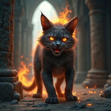 Fierce black cat with fiery mane, glowing orange eyes walks through ancient ruins. Flames erupt around demonic feline as advances menacingly. Creature fur seems to crackle with supernatural energy in