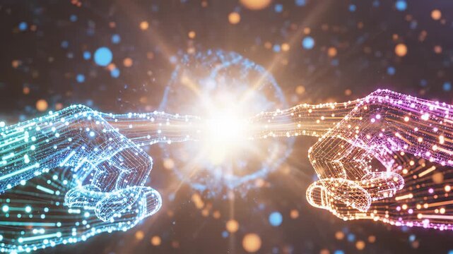 Two glowing digital hands reaching