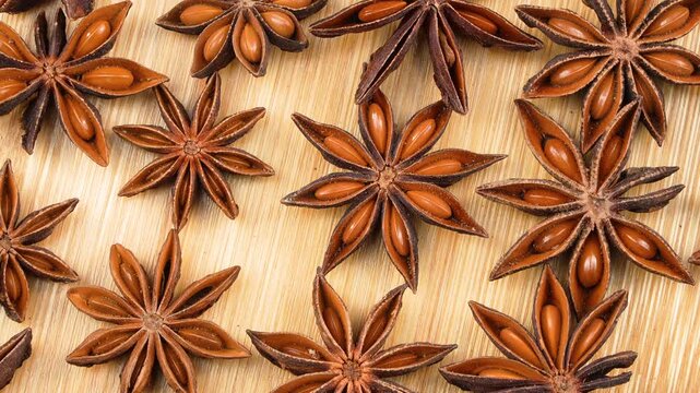 Extreme macro close-up of aromatic dried star anise spices and glossy seeds on a textured wooden board. Perfect for asian culinary and traditional medicine concepts.