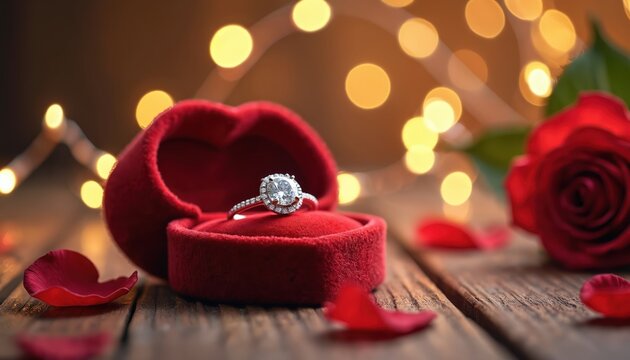 Diamond ring in heart box with red rose and petals on wood. Soft bokeh lights in background create romantic atmosphere for proposal, wedding or anniversary.