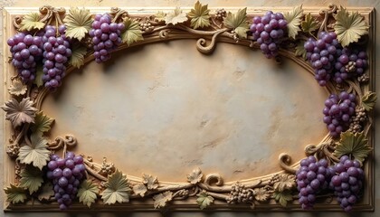 Naklejka premium Ornate oval frame features purple grapes and green leaves. Textured background provides space for text. Vintage design element ideal for invitations or wine labels.
