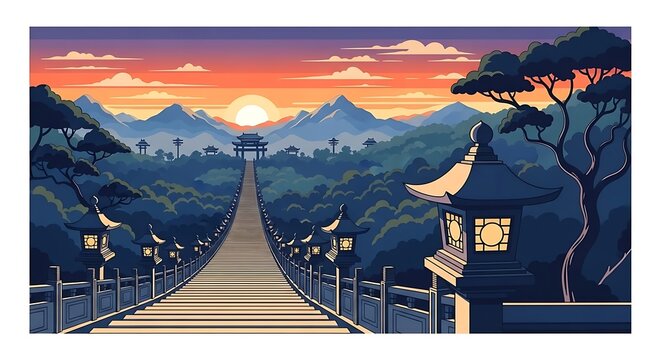 Enchanting pixel art landscape of a serene mountain pass at sunset, featuring a long pathway lined with traditional lanterns leading to a distant ancient temple archway