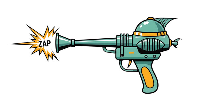 A cartoon-style illustration of a futuristic green and yellow ray gun with a zap effect