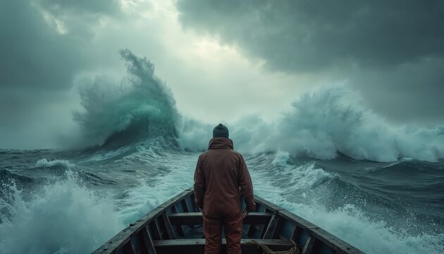 Man in boat faces huge stormy ocean waves. Dark clouds loom over rough sea during difficult voyage. Person braves extreme weather conditions at sea.