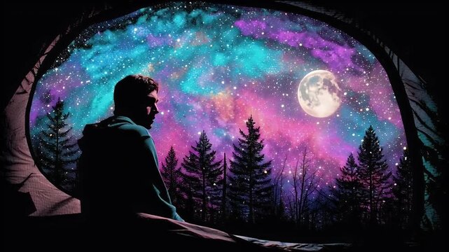 Man gazing at a vibrant cosmic landscape through a tent opening capturing a sense of wonder adventure and connection with nature under a bright moonlit sky