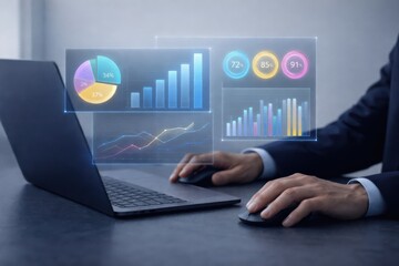 Fototapeta premium Business Analytics Dashboard with Charts Graphs and Performance Metrics on Laptop Screen