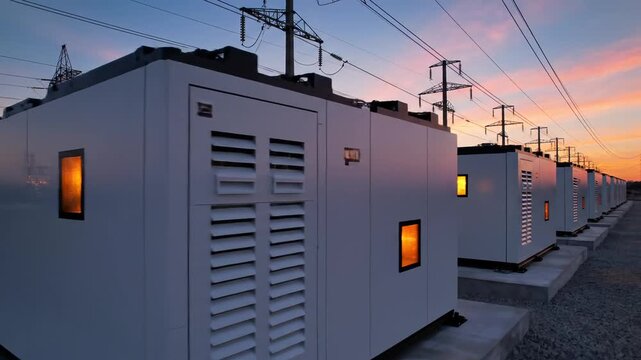 Row of industrial battery storage units at sunset