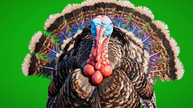 Turkey with colorful feathers on green screen