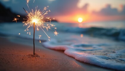 Sparkler burns on sandy beach near ocean waves at sunset. Bright fiery sparks fly from stick against dusk sky and sea. Evening light creates warm glow.