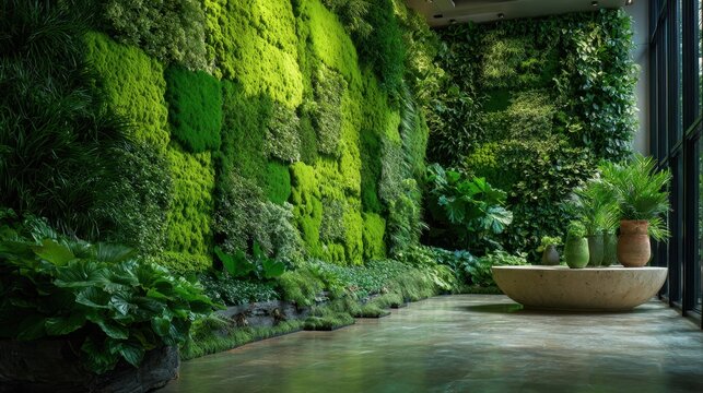 Curved walkway beside moss covered vertical garden wall