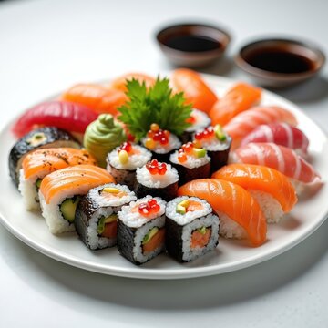 Assorted sushi platter with fresh salmon tuna nigiri maki rolls. Served with wasabi soy sauce for authentic Japanese cuisine dining. Delicious seafood meal.