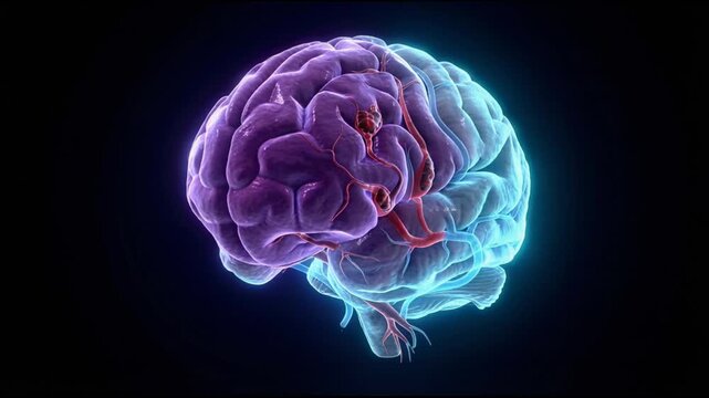 3D Animation of a Human Brain with Visible Blood Vessels and Areas of Hemorrhage or Lesions