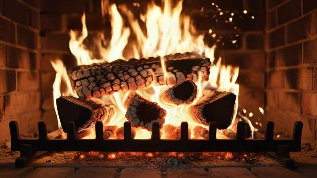Fire burning in a brick fireplace