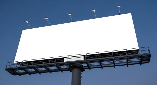 Leere wei&szlig;e Plakatwand vor einem klaren blauen Himmel. Mockup f&uuml;r Au&szlig;enwerbung mit Kopierraum