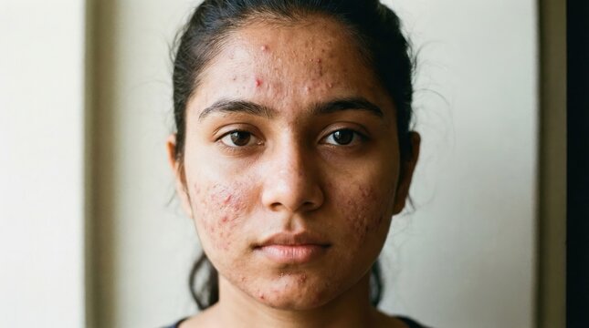 Close up portrait of a young Indian woman with severe cystic acne, pimples and scars on her face. Problematic real skin, dermatology and medical treatment concept