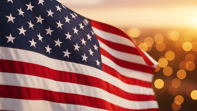 American flag waving in sunset
