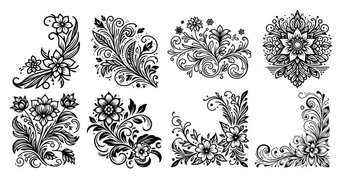 Floral ornament corners and decorative vignettes set, classic Victorian flourishes for wedding invitations and border design, black and white botanical elements