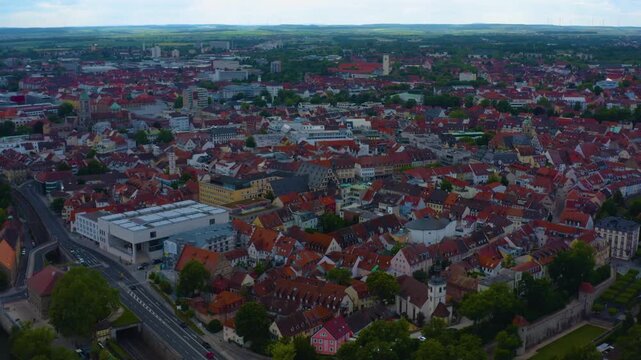 Panorama aerial view of the old town city Schweinfurt in Germany  on a cloudy day in spring.