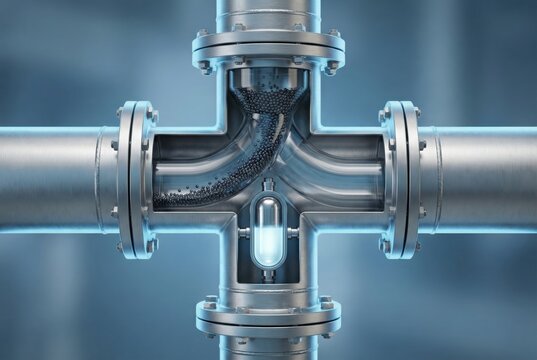 Ultra Modern Pipeline Junction with Transparent Flow Dynamics Showcasing Complex Fluid Mechanics and Innovative Engineering Solutions for Industrial Infrastructure