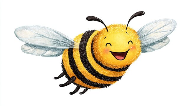 Cartoon bee smiles wide, wings open.