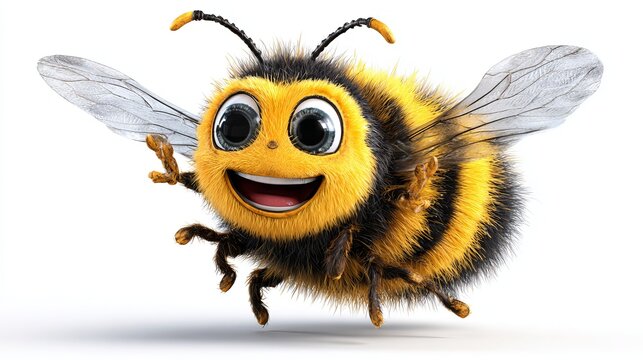 Cartoon bee smiles wide, wings open.