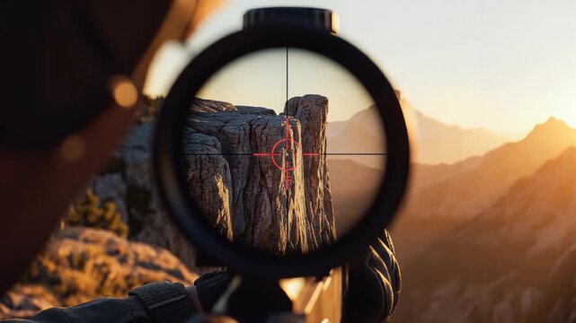 Sniper Rifle Scope View with Red Crosshair Target in Mountain Sunset